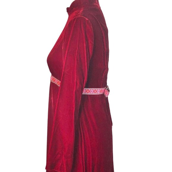Vintage 1970s Red Velvet LS Empire Waist Maxi Dress Embroidered Waistband - Picture 7 of 12